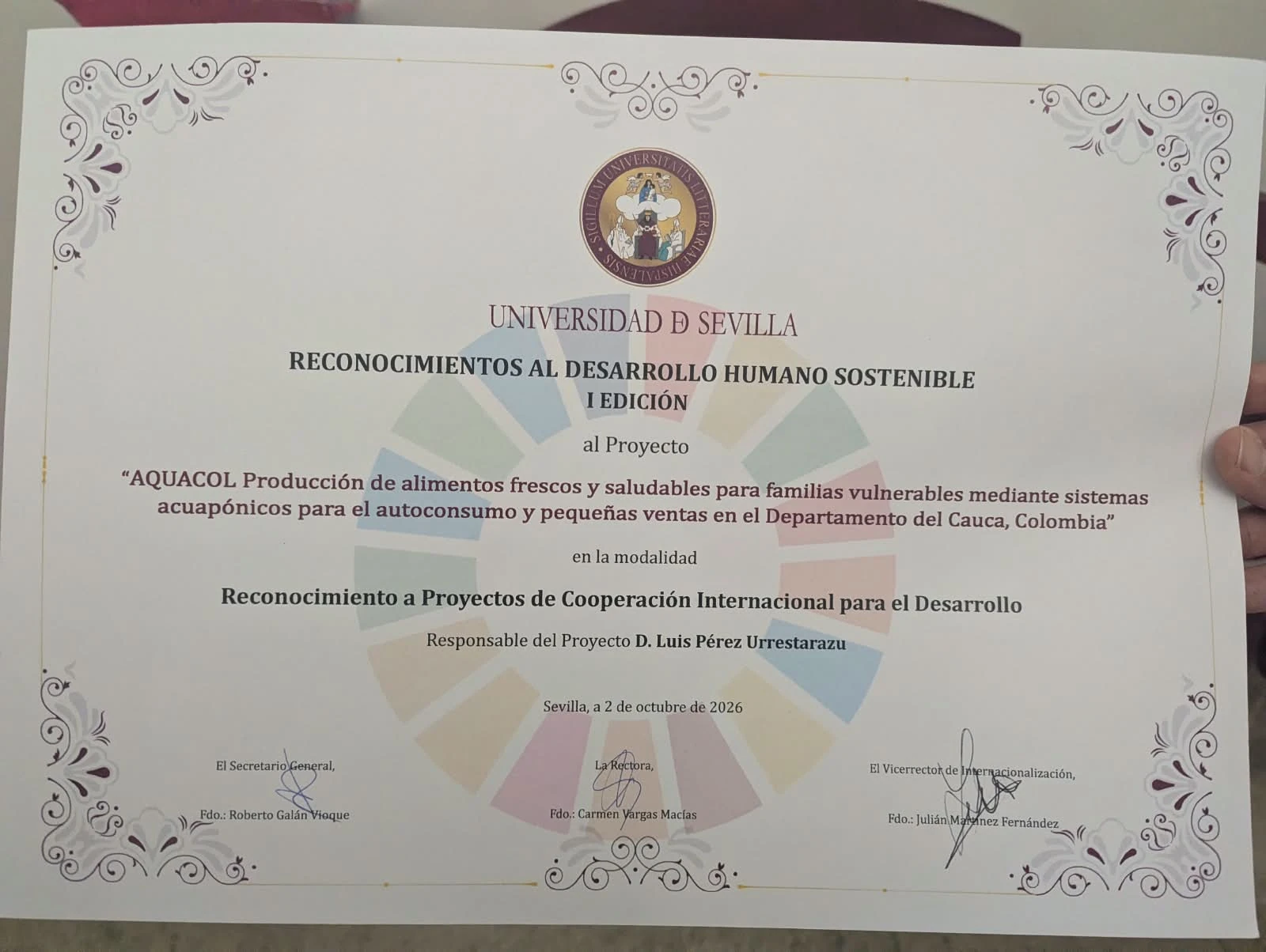 Diploma de reconocimiento al proyecto Aquacol otorgado por la Universidad de Sevilla el 2 de octubre de 2026.
