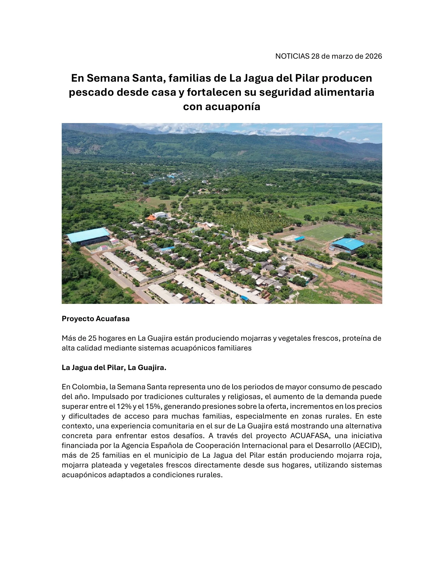En Semana Santa, familias de La Jagua del Pilar producen pescado desde casa y fortalecen su seguridad alimentaria con acuaponía (La Guajira). Página 1 de 4.